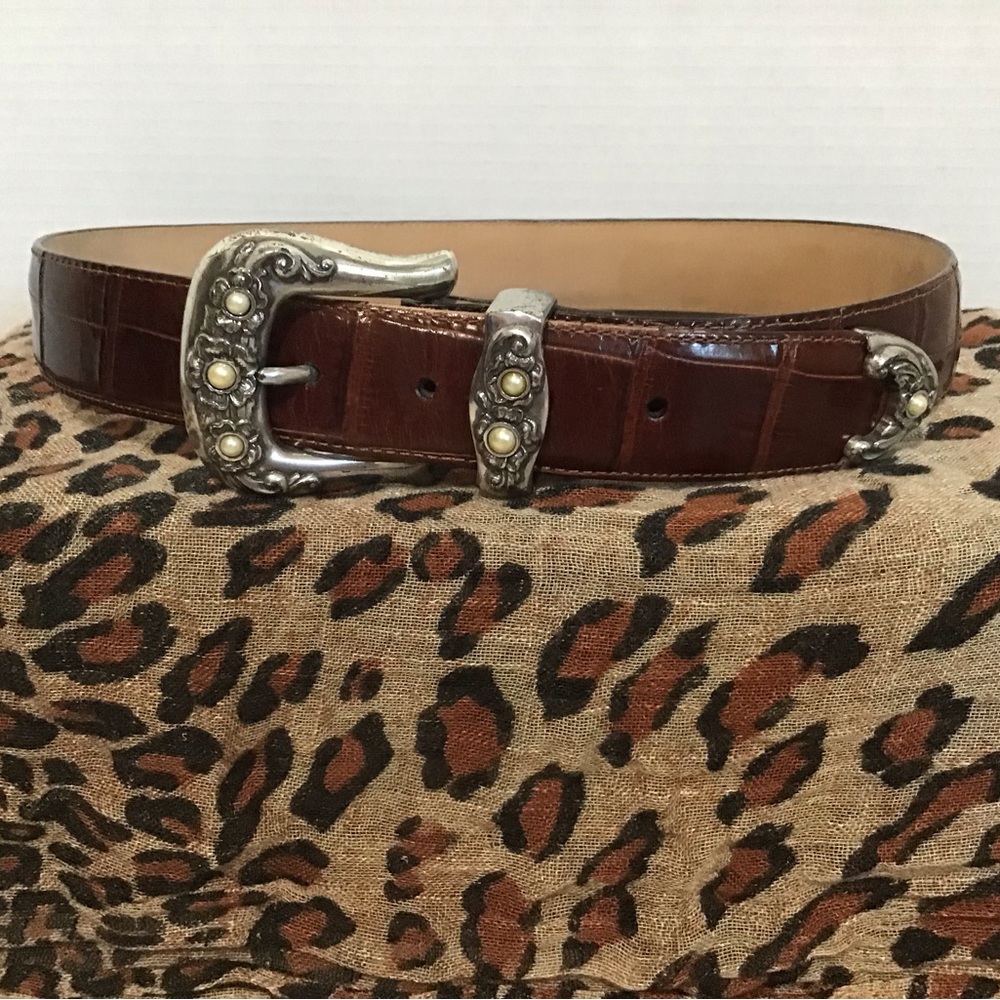 Brighton Rare Brown Moc Croc Women’s Belt with Faux Pearl Inlay In Tact.…